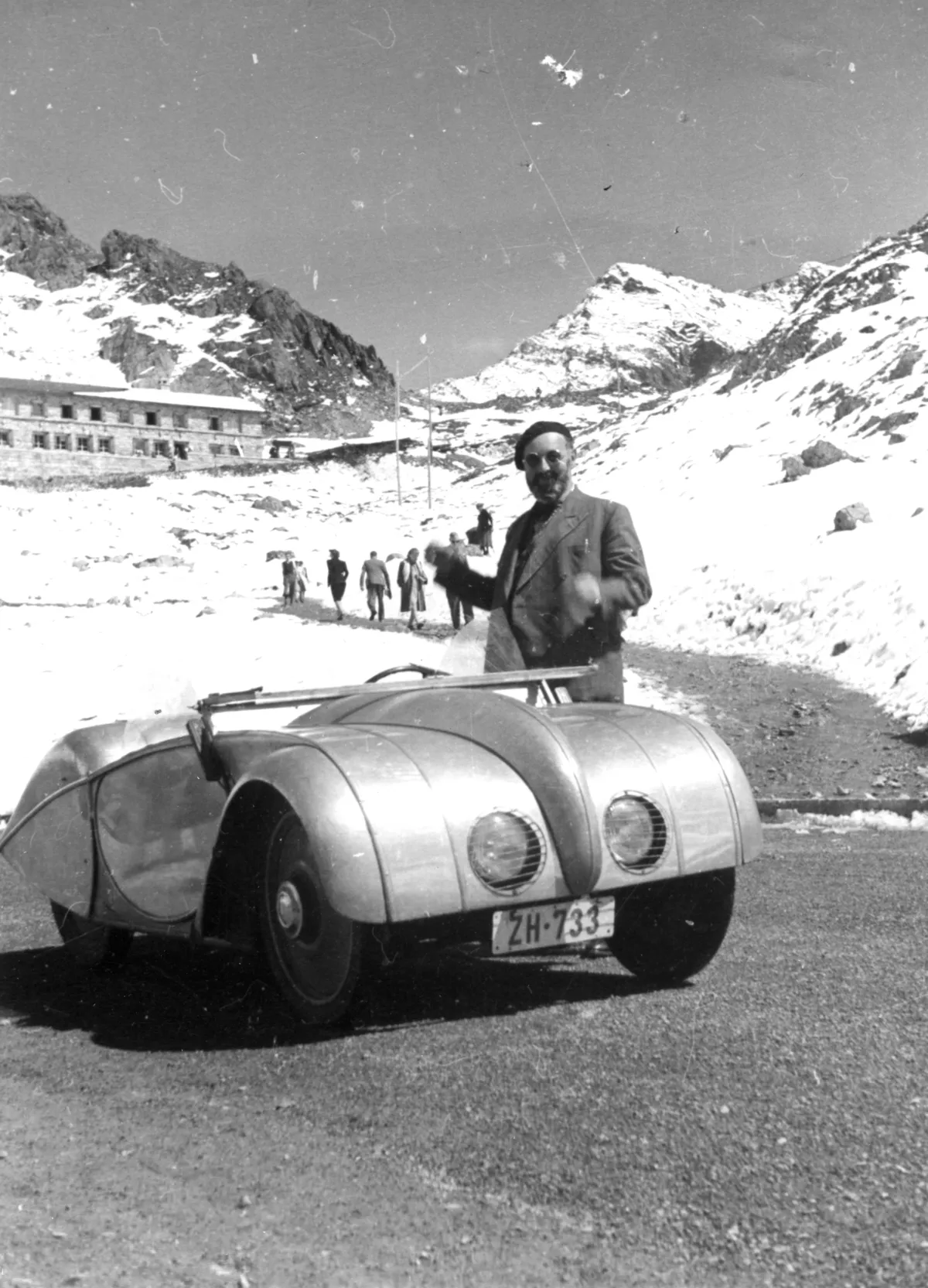 Josef Ganz with his car in St. Moritz, Switzerland