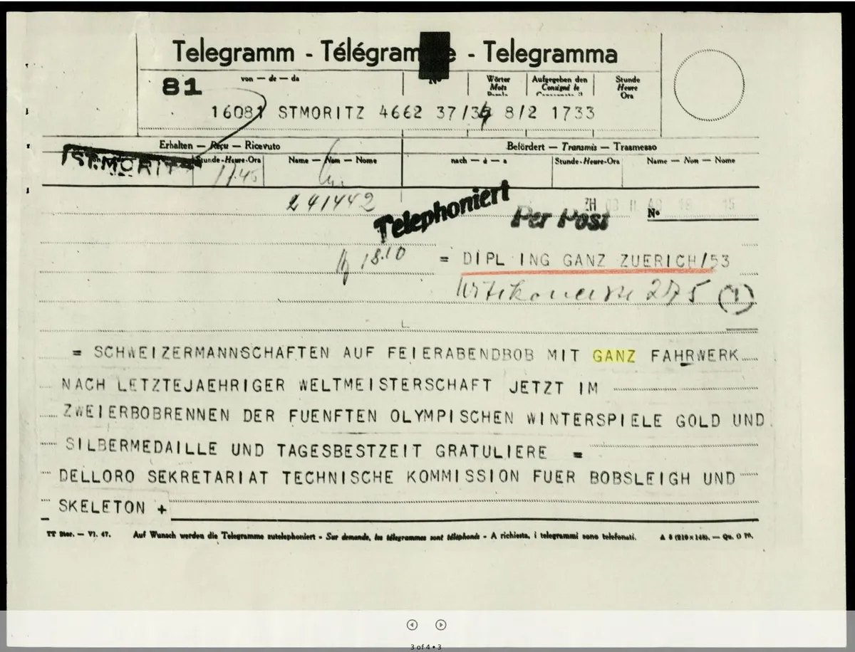 Congratulatory telegram about Swiss Olympic victory
